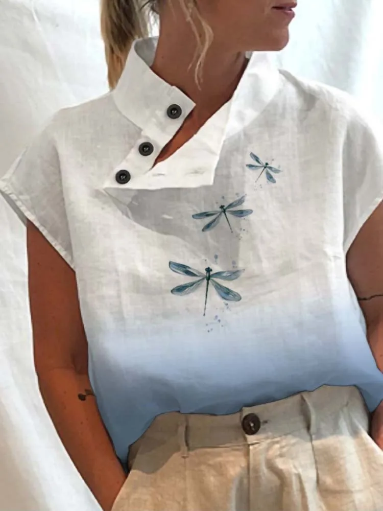 White Blouses Casual Buttons Slit Stand Neck Top Blusas Leisure Summer Blouse Women Tops Vintage Floral Print Short Sleeve