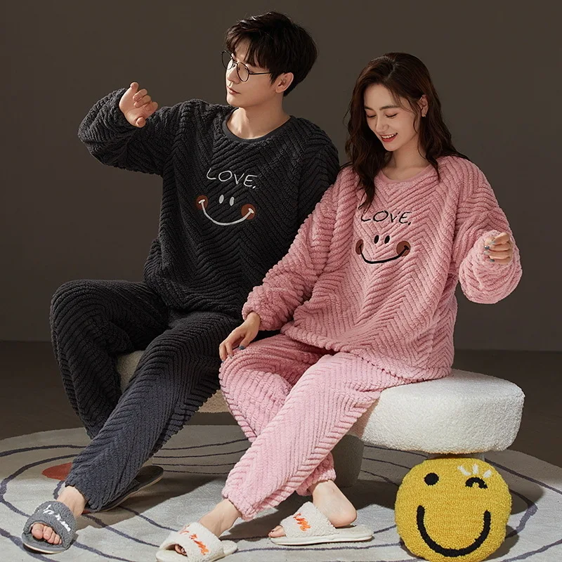 Flannelette thickened Lovers pajamas suits for men and women loose large warm coral velvet Cartoon embroidery home clothing sets