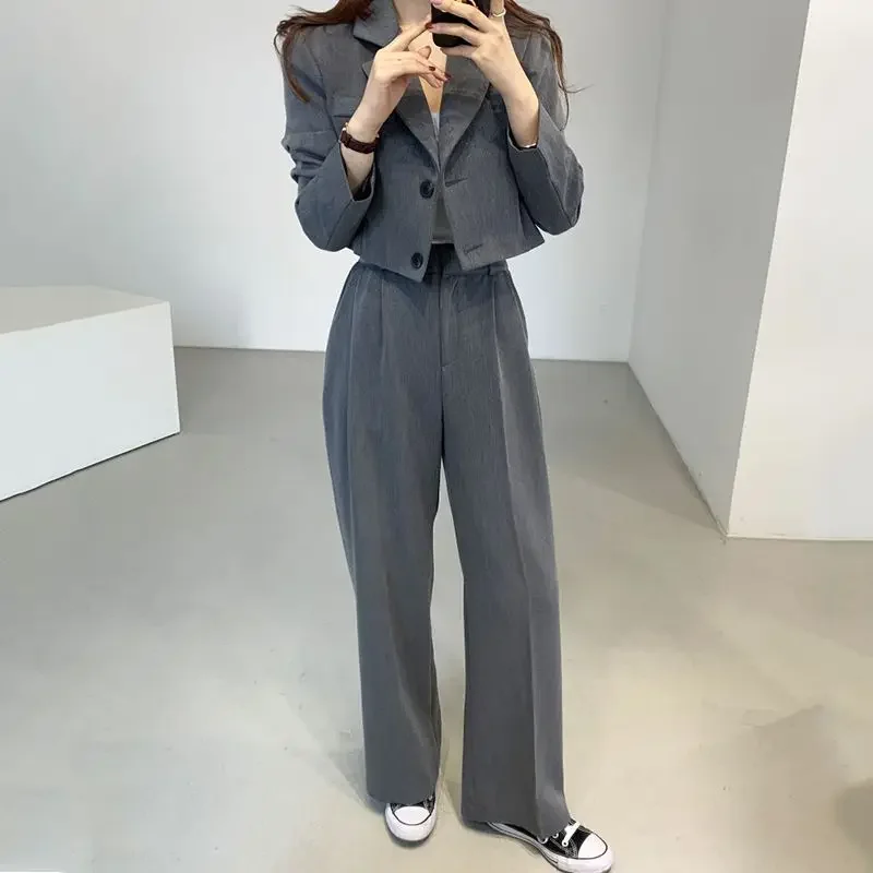 Women\'s Winter Vintage Casual Short Coat Wide Leg Pants Set Commuting Solid Color Single Breasted Blazer Pants Two-piece Sets