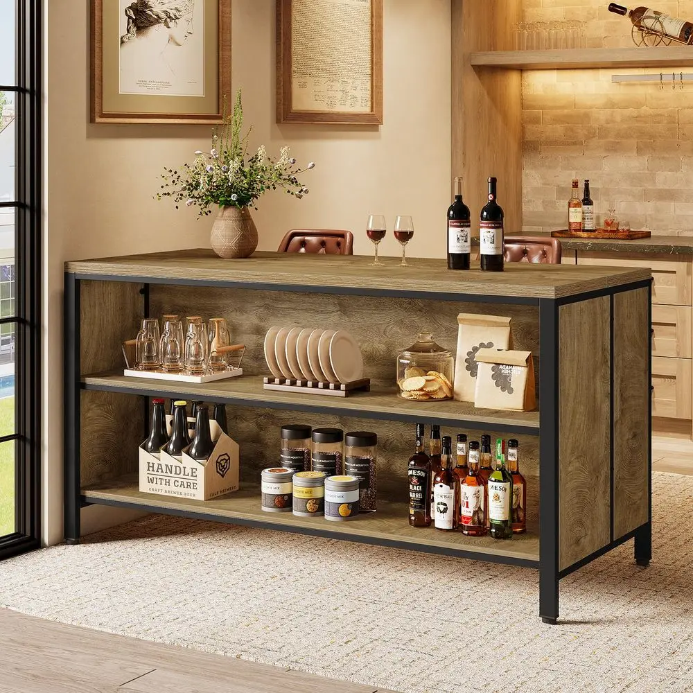 

62.99 Kitchen Island with Storage and Seating Farmhouse Stationary Island Table, Large Countertop amp Sturdy Metal Frame, Coffe