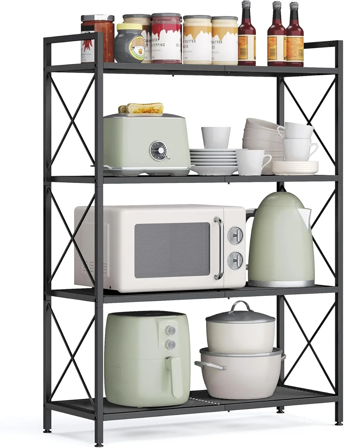 

4-Tier Metal Storage Rack with X Side Frames, Dense Mesh Shelves, Adjustable Feet for Entryway Kitchen Living Room