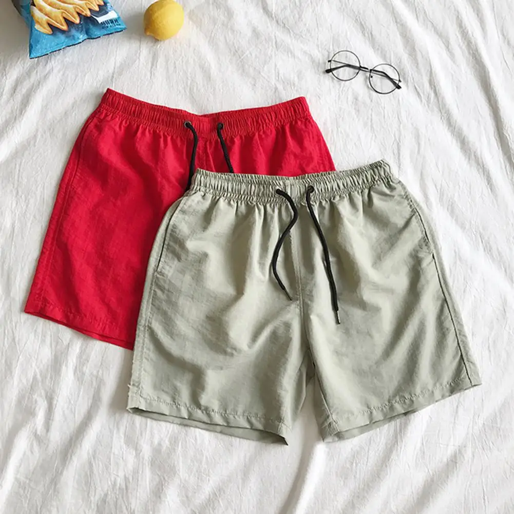 Shorts de praia masculino de secagem rápida com elástico na cintura, troncos de natação monocromáticos, natação verão