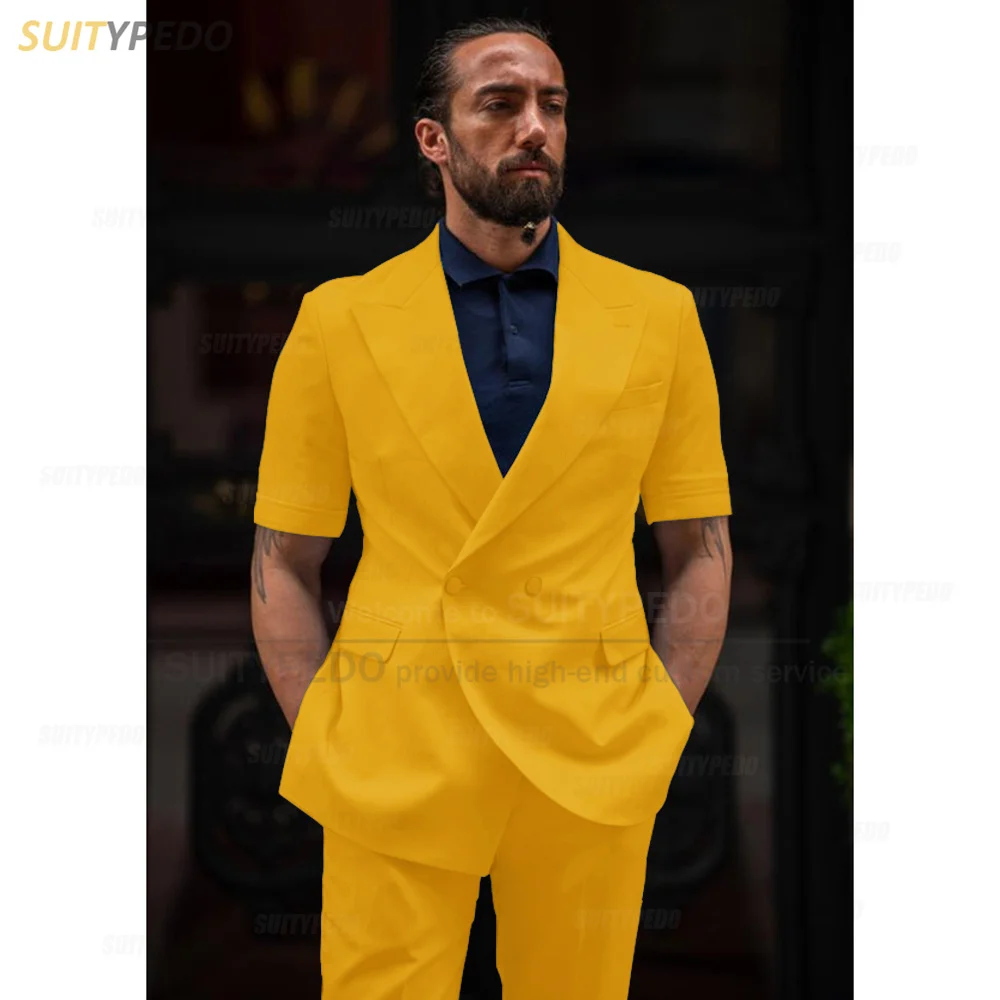 Fashion White Men Suit Sets Casual Party Blazer Pants 2 Pieces Wedding Tailor-made Slim Fit Elegant Short Sleeve Jacket Tuxedo