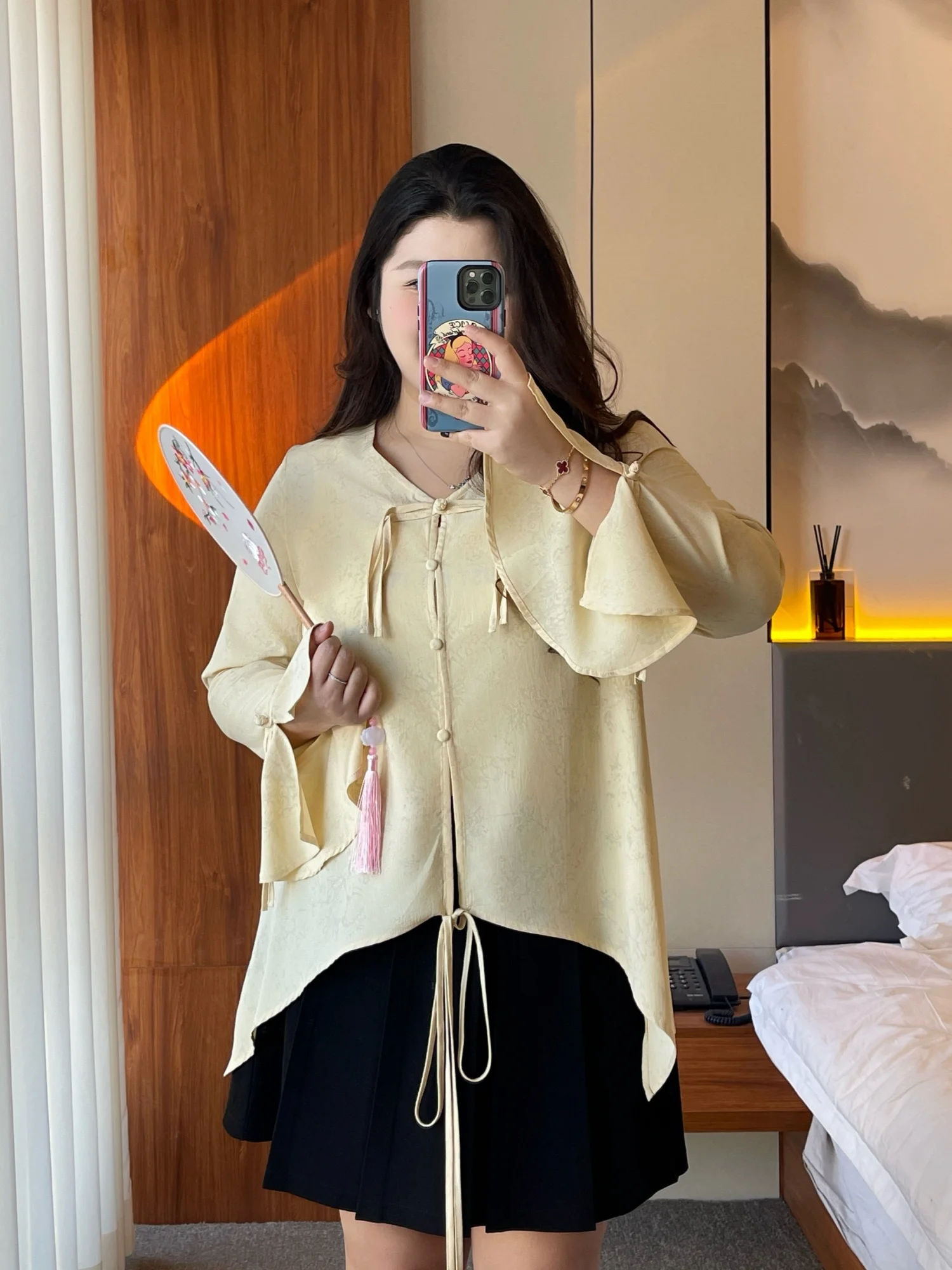 

Spring New plus Size Women's Shirt Button Design Flared Sleeve Commute Style Long Sleeve V-Neck Polyester Spandex Blend