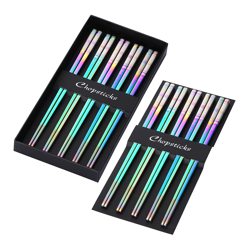 5/10 pares de aço inoxidável reutilizável antiderrapante pauzinho chinês comida sushi gravura a laser pauzinhos cozinha família com caixa de presente