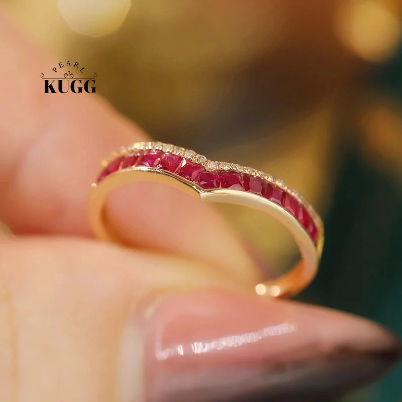 KUGG 100% 18K Rose Gold Rings Elegant Heart Design Shiny Diamond Natural Ruby Ring for Women High Engagement Jewelry