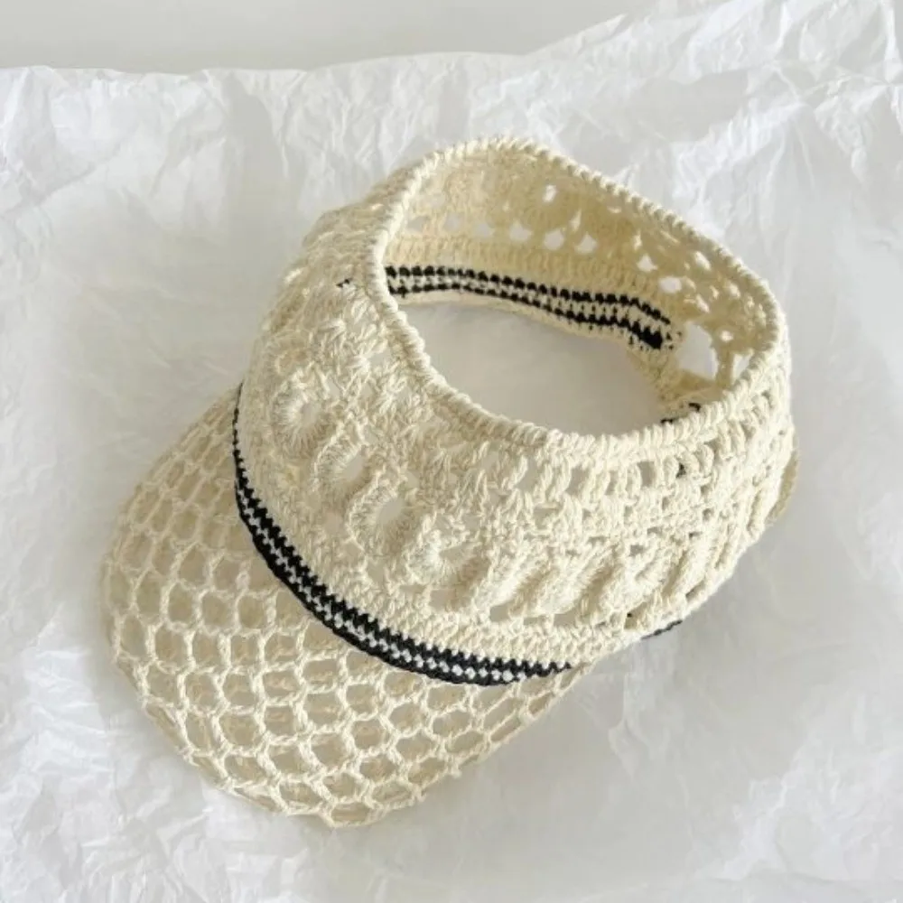 

Casual Sunscreen Crochet Empty Top Cap Sunshade Knitted Hollow Out Visor Hat Foldable Soft Drawstring Hat Girls