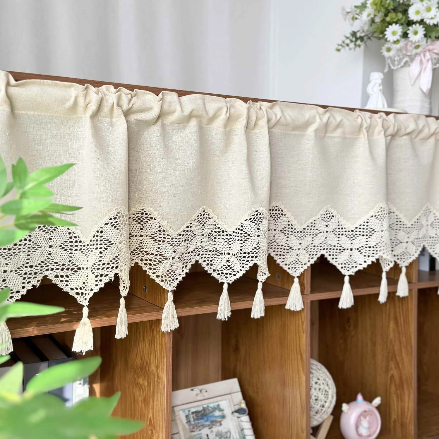 Beige Linen Short Curtain Valance with Tassels Crochet Diamond Hollow Lace for Kitchen, Cafe, Study, Cabinet