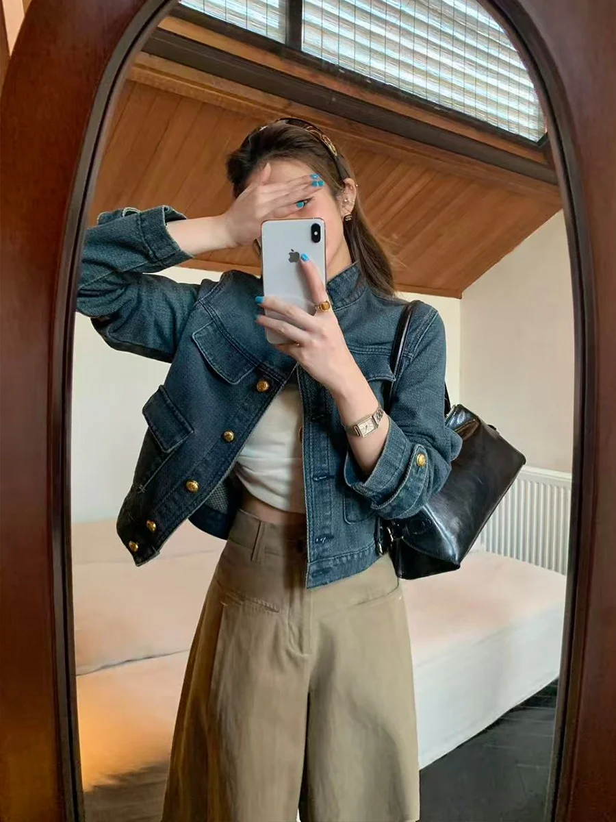 

Женская джинсовая куртка MUKOK Retro Blue 3D, новая модель весна-осень, синяя, с воротником-стойкой, из хлопка и полиэстера