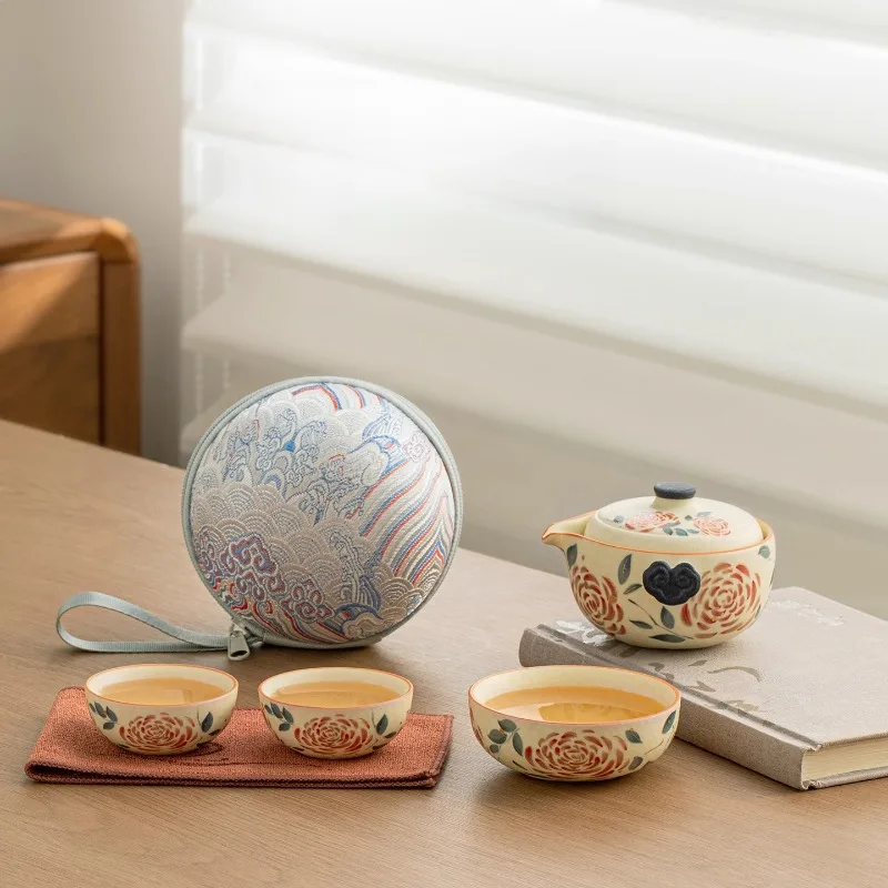

For Flower Rose Kuaike Cup Travel Tea Set One Pot Three Cups Portable Outdoor Kung Fu Tea Cup Set Chinese Style