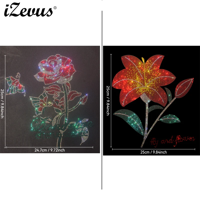 izevus-ホットフィックス-ラインストーン-アイロン接着式、2種類のデザイン：バラと蝶／ユリの花、tシャツやジャケット、衣類に貼り付けるdiy用パッチ。