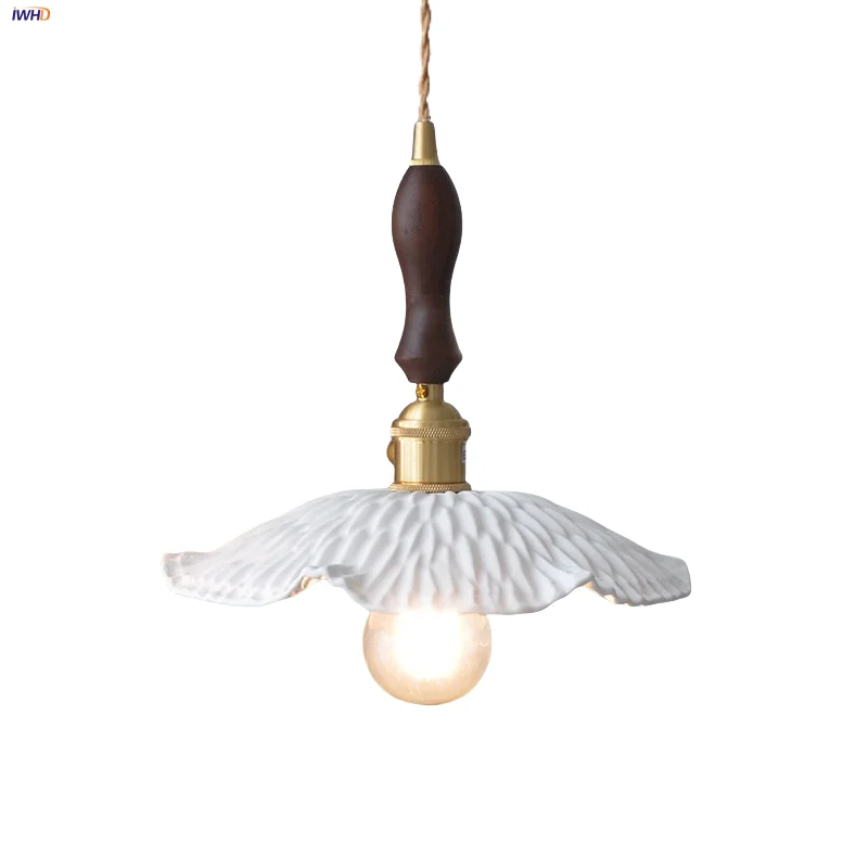 

IWHD Walnut Wood LED Pendant Light Fixture Balcony Study Bedside Nordic Modern White Ceramic Knob Switch Hanging Lamp Lamparas