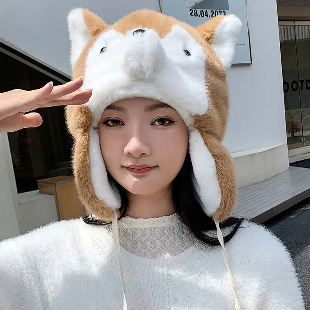 New Cartoon Husky Plush Hat Winter Keep Warm Pullover Hats Outdoor Riding Windproof Ear Protection Cap