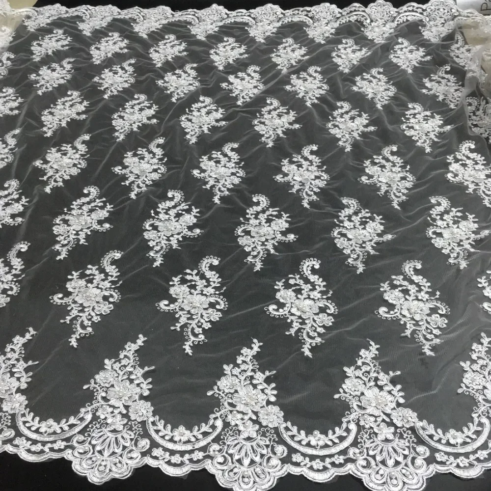 Bridal french lace fabric beaded african tulle lace fabric 1 yard per lot net lace fabric for wedding dress white SW006