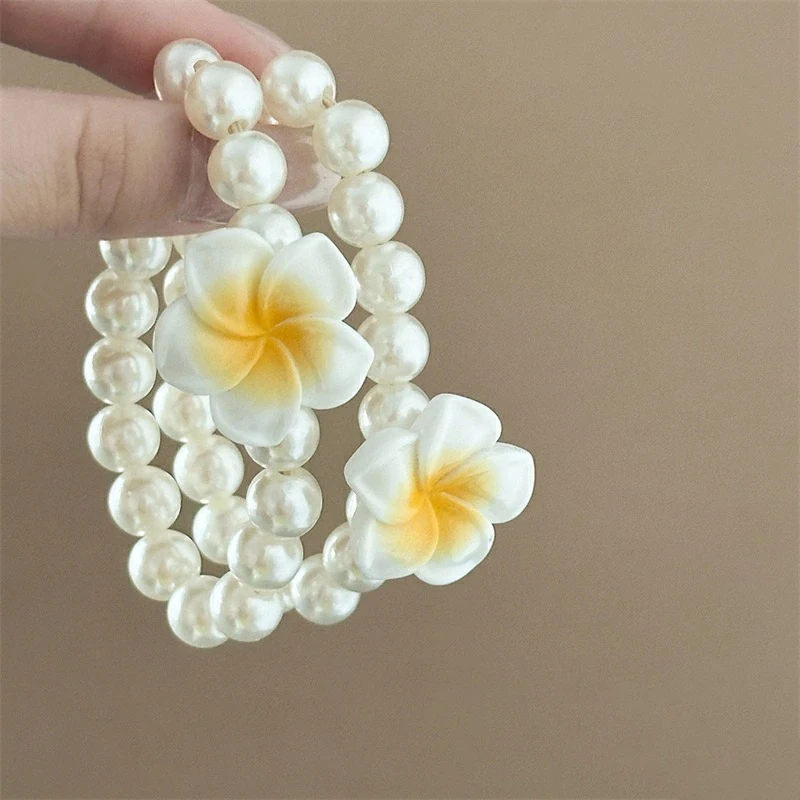 Fashion Elegant Plumeria Flower Head Rope Hair Ties Sweet Korean Flower Hair Rope Women Elastic Rubber Band Pearl Hair Loop