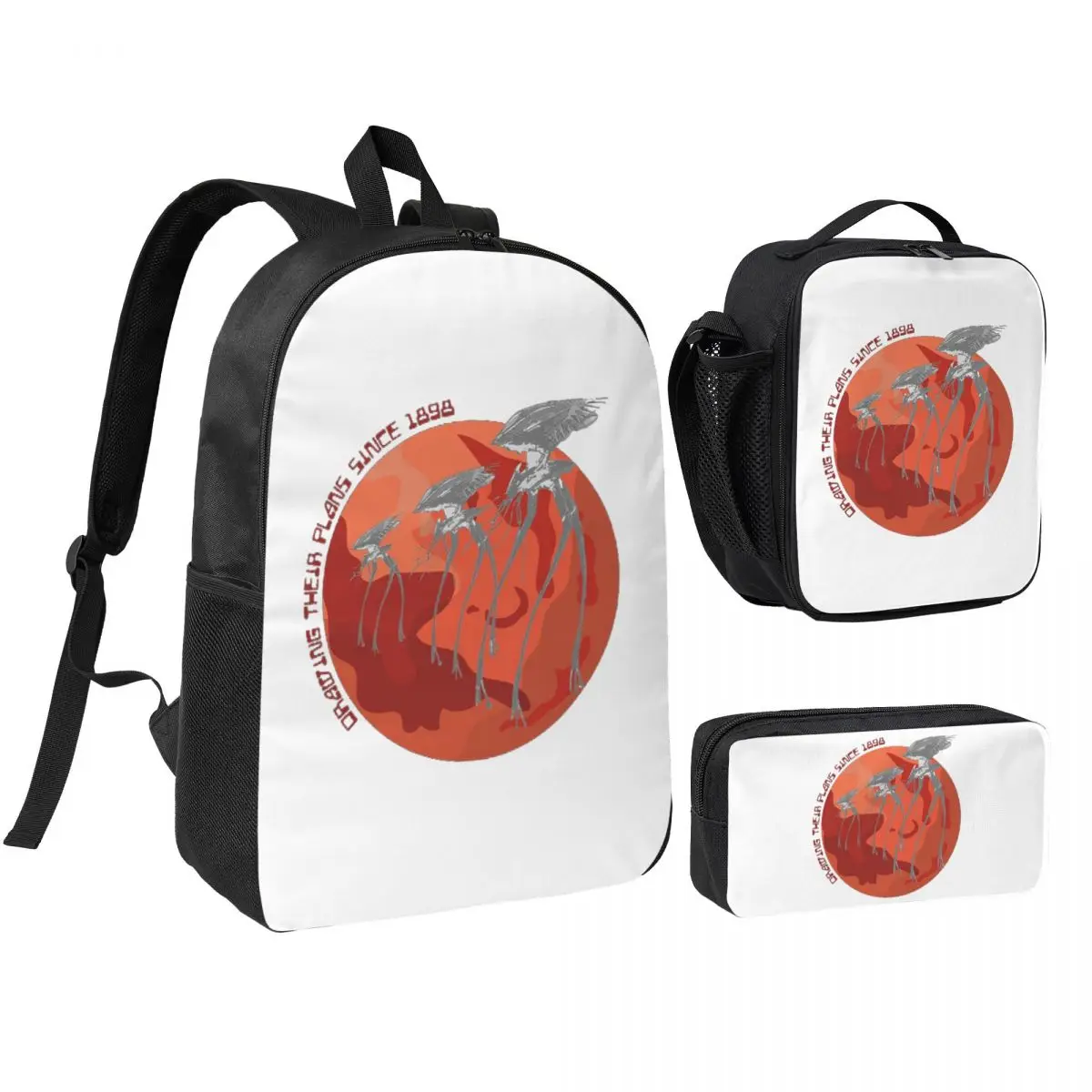 

War Of The Worlds Drawing Their Plans Since 1898 Backpack BookBag School Bag Shoulder Bags 3ps Insulated Lunch Bag Pencil Case