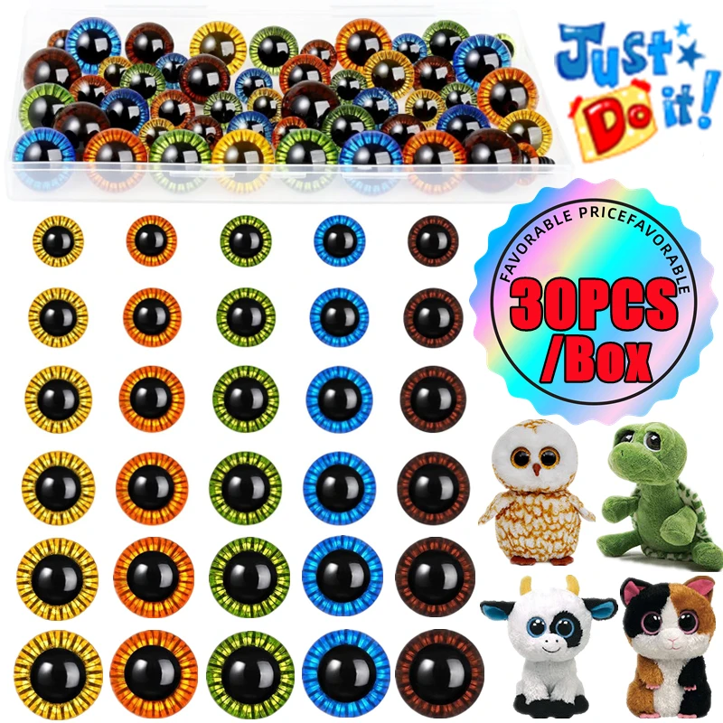 30PCS 11-19mm Laser Plastic Safety Eyes for Crochet Stuffed Toys Amigurumi Color Kawaii Doll Making Crafts Accessories With Box