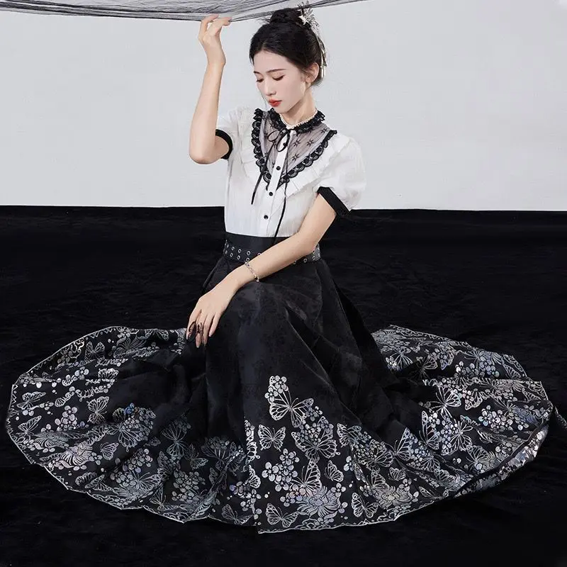 [Butterfly Island]2023 Authentic New Chinese Style Improved Han Element Temperament Retro Face Horse Skirt Hanfu Set