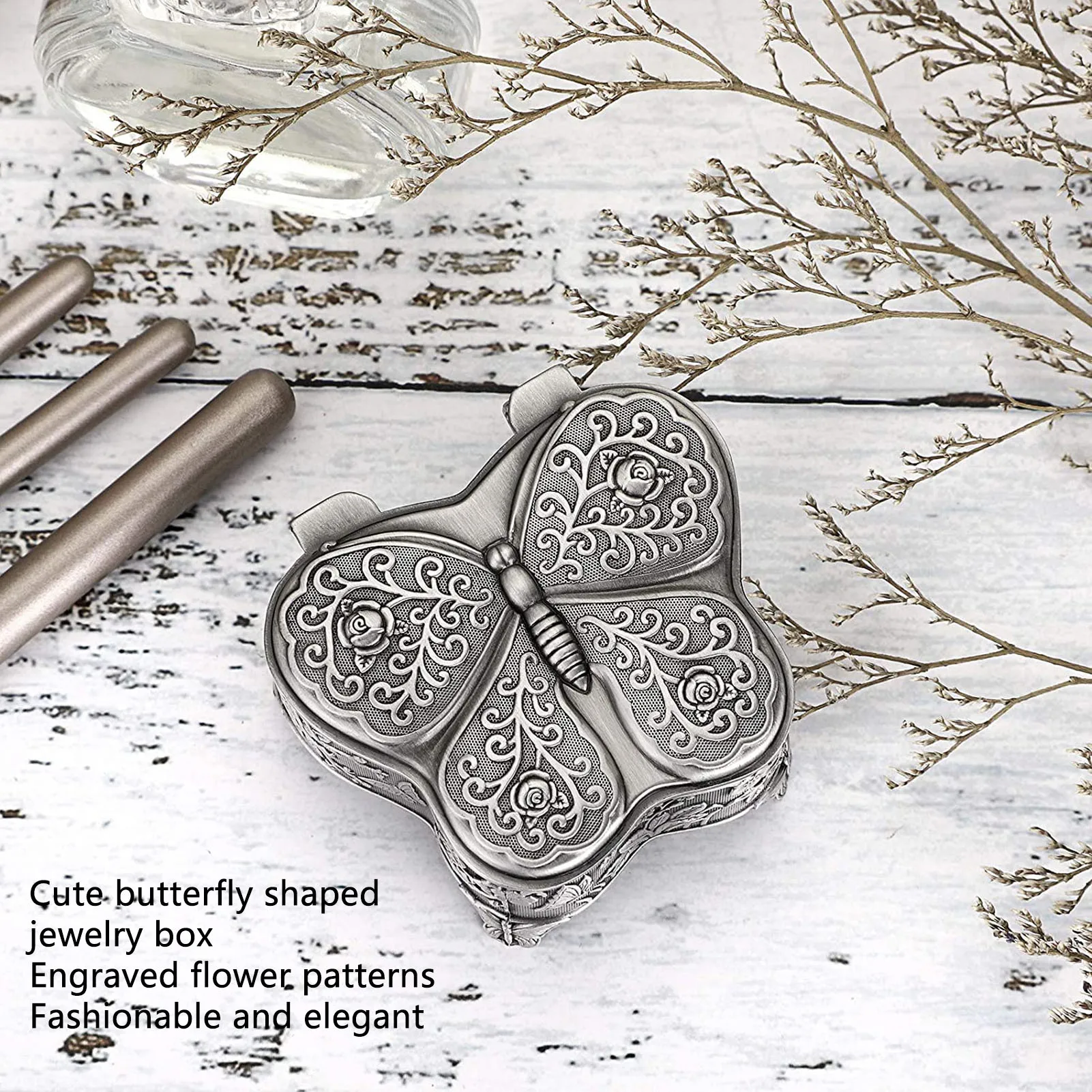 Butterfly Shaped Jewelry Box Zinc Alloy Flower Engraved Pattern Earrings Necklace Storage Box Organizer Zinc Alloy Jewelry Box