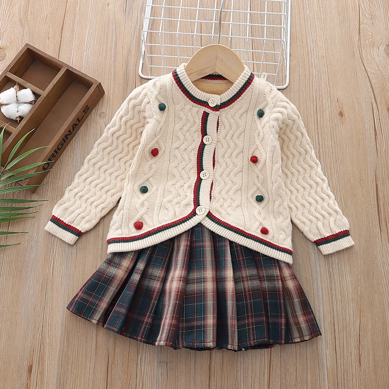 

Girls Knitted Clothing Sets Spring Autumn Children Woolen Jersey Sweaters Coats Skirts Princess Dress Suit For Baby Outfits Kids