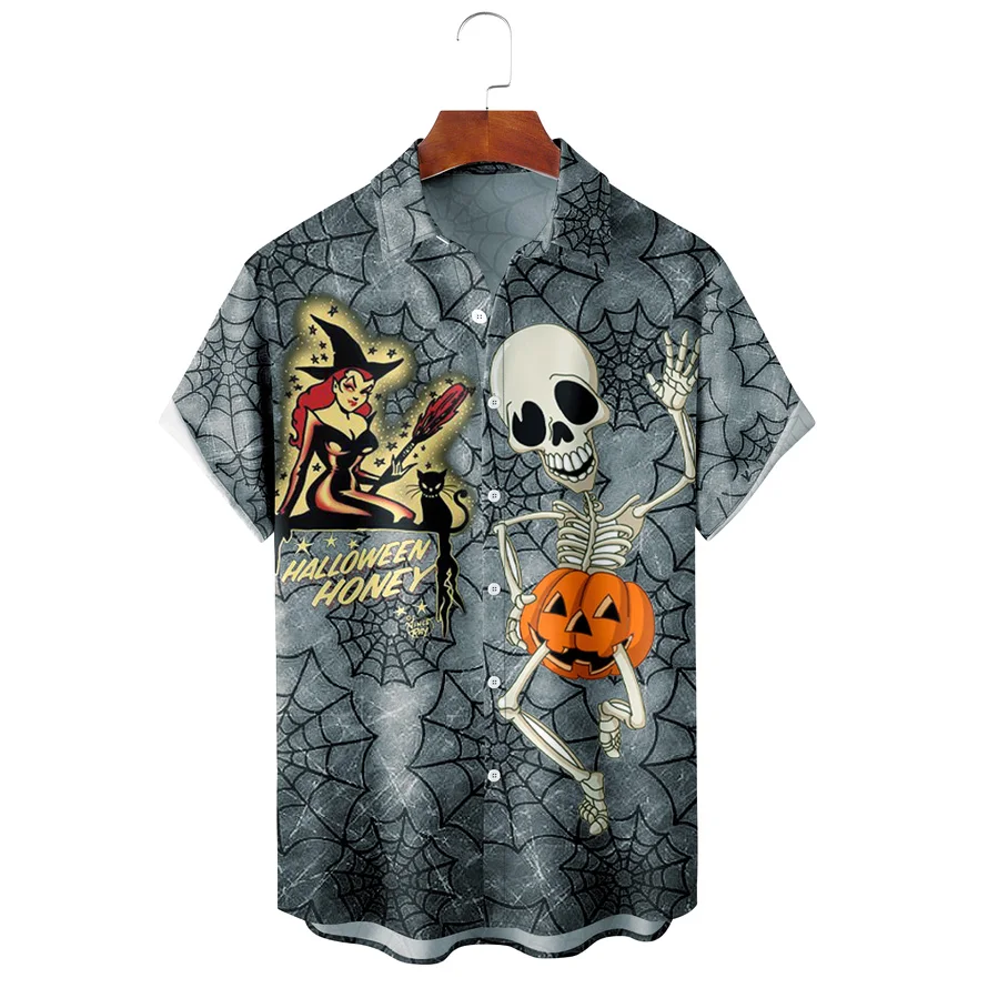 Halloween Men's 3D Printed Guitar Pumpkin Skull Kitten Button Hawaiian Shirt Men's Fashion Casual Lapel Single Breasted Shirt