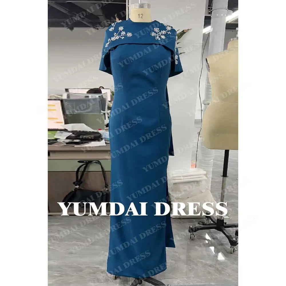 YUMDAI Gorgeous Smock Cape Evening Dress Lake Blue Arabian Crepe Ball Gown Ladies Fall Long Mom Dress Occasion Formal Dress