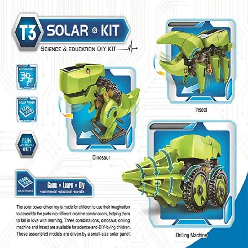 Brinquedo movido a energia solar montagem dinossauro brinquedo movido a energia solar três em um robô experimento haste crianças meninos e meninas brinquedos em inglês