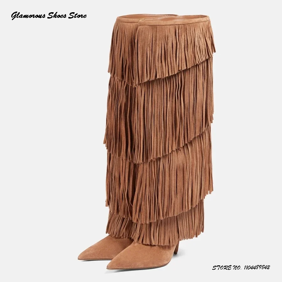 

Fringed Suede Knee-high Boots Pointed Toe Thin Heels Street Style Women's Shoes Spring Autumn Stylish Pull On Modern Boots