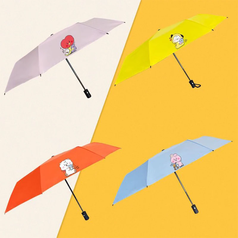 New Bt21 Fully Automatic Umbrella Kawaii Cartoon Tata Summer Rain or Shine Foldable Portable Uv Protection Sunshade ﻿girl Gift