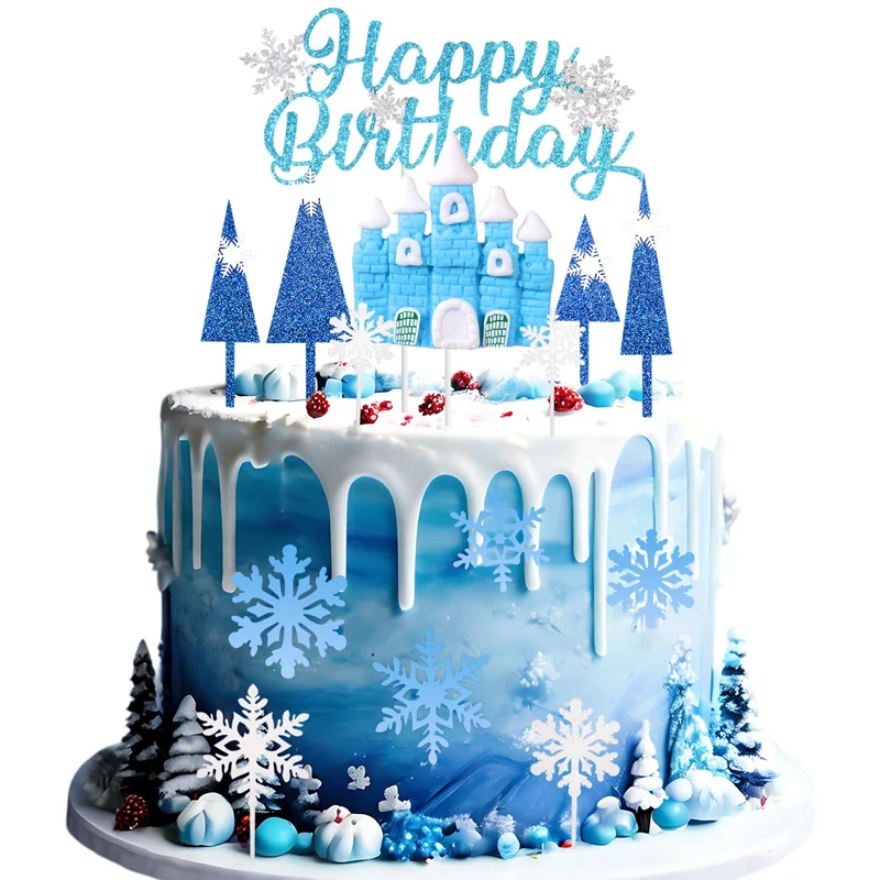 14pcs Snowflake Cake Decorations Blue Castle Tree Cake Toppers Snowflakes Winter Birthday Party Supplies