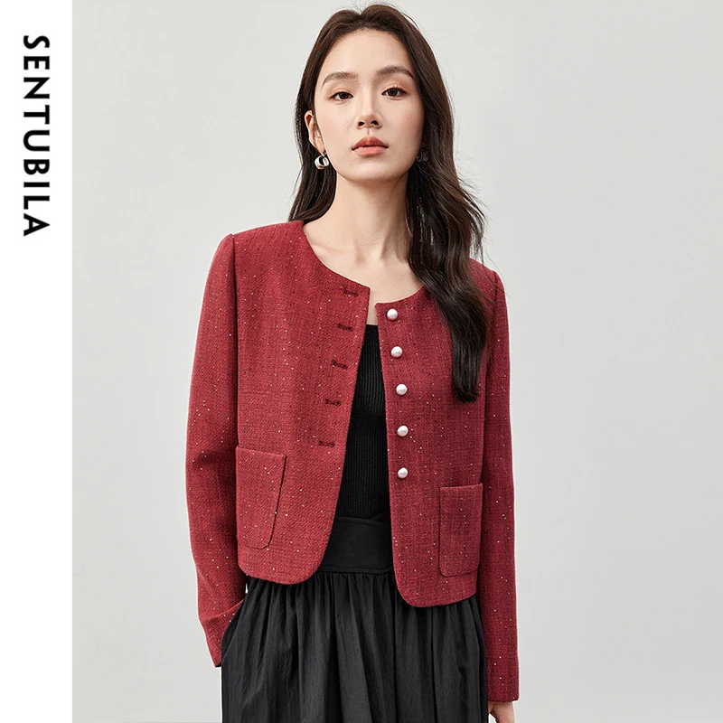 

SENTUBILA красные твидовые куртки женские, весна-осень 2022, роскошный стиль, элегантная модная женская верхняя одежда с блестками, женская одежда 151W58678