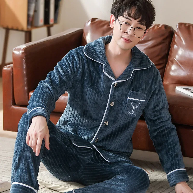 Pijama de flanela grande masculino, cardigã espesso, manga comprida, além de veludo, quente, velo coral, Homewear