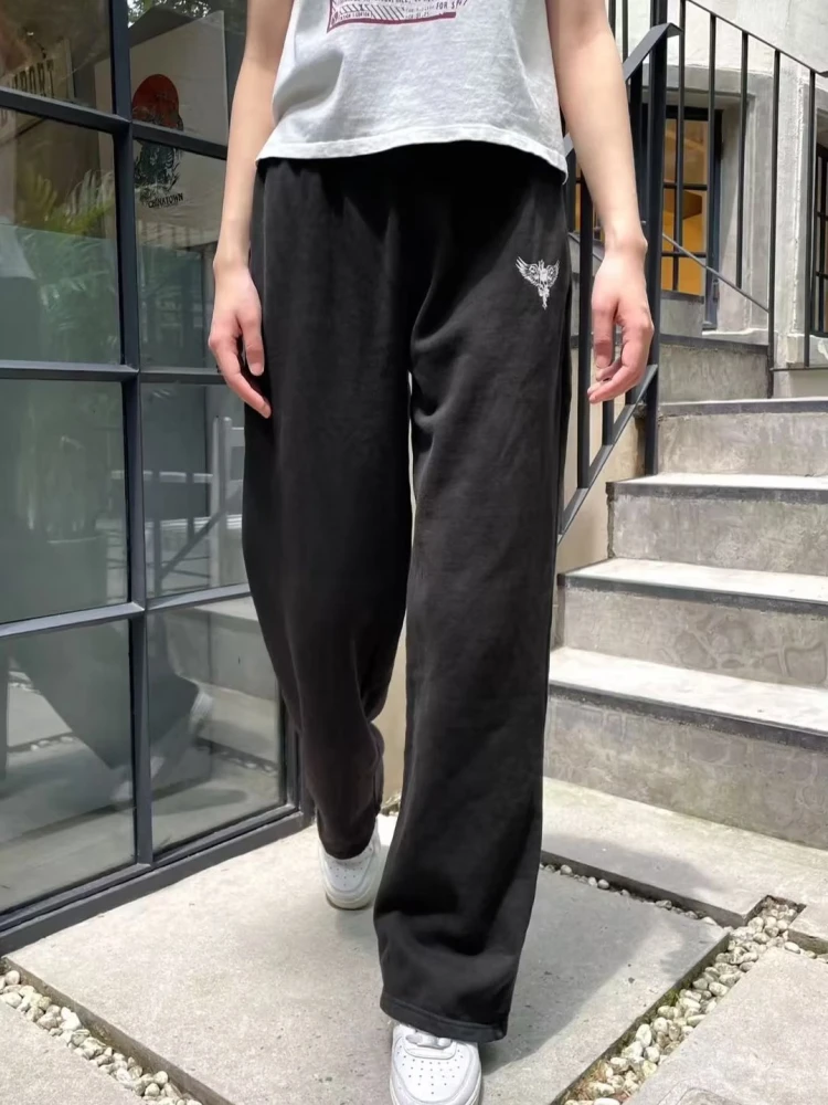 

Casual Women Skulls Print Drawstring Trousers Summer Black Elastic High Waist Loose Pants Y2k Streetwear Cotton Bottoms Chic