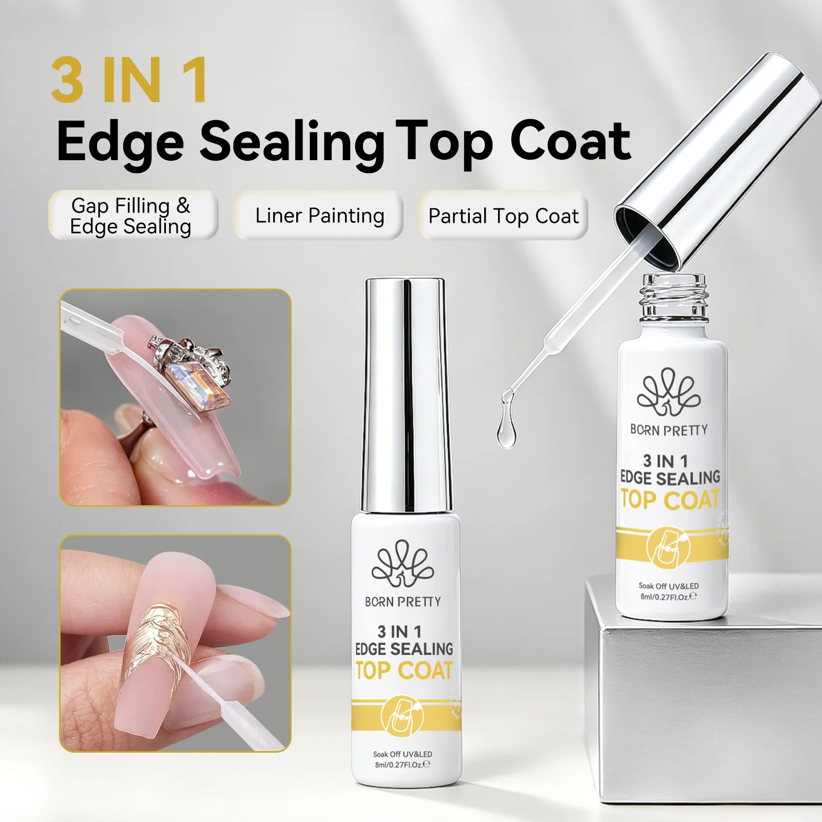 BORN PRETTY 8ml 3 IN 1 Edge Sealing Top Coat for Gap Filling Edge Sealing Clear Liner Painting Partial Top Coat Soak Off UV Gel