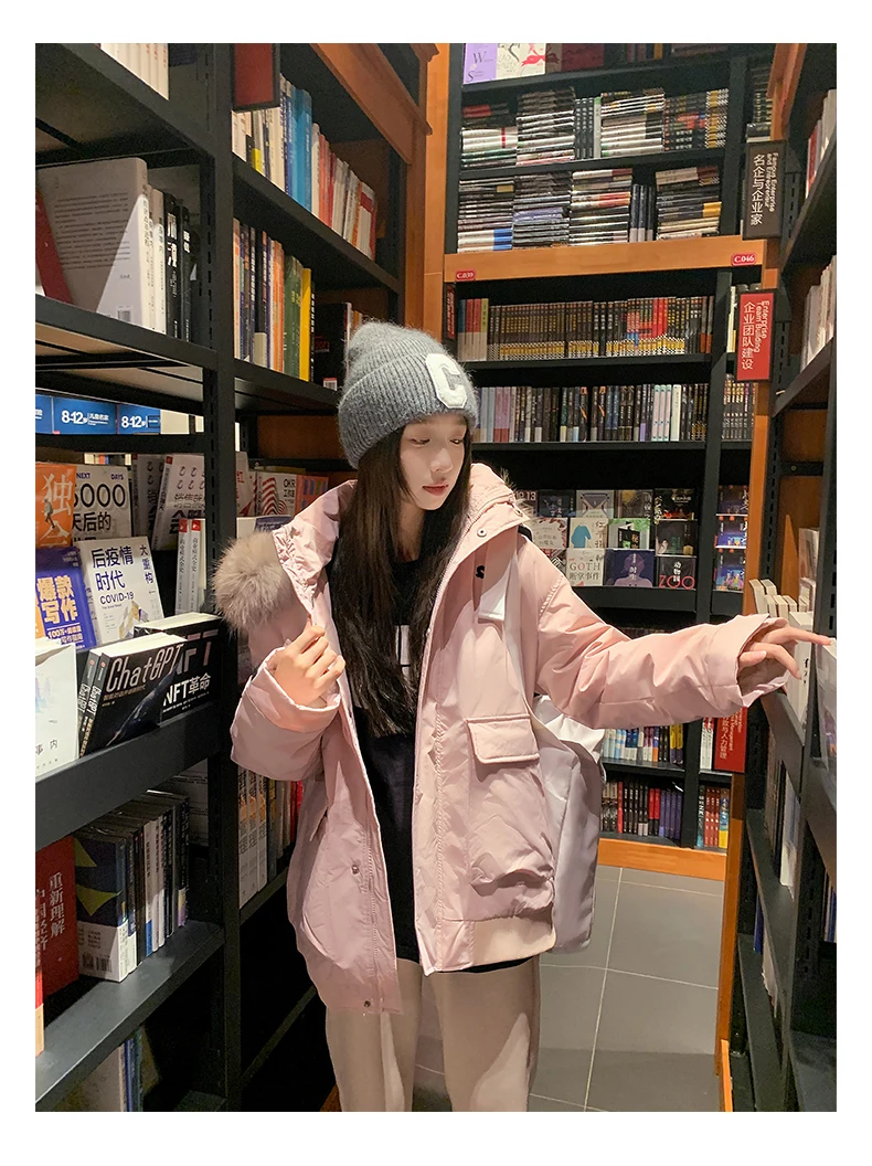 Women\'s Pink Hooded Parka Jacket Overcoat Warm Coat Korean Cute Vintage Harajuku Turtleneck Long Padded Jacket Clothes Winter