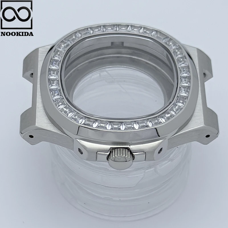 NOOKIDA New 41mm Diamonds PP Nautilus Watch Accessories Case with Black Case + Strap with NH35/NH36 Movement for 30.5mm Dial