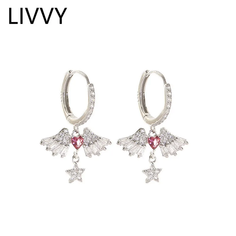 LIVVY Silver Color Earrings Pink heart shaped crystal zircon Angel\'s Wings  for Women Charm Trendy  Jewelry Earrings