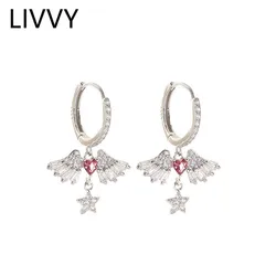 LIVVY Silver Color Earrings Pink heart shaped crystal zircon Angel's Wings  for Women Charm Trendy  Jewelry Earrings