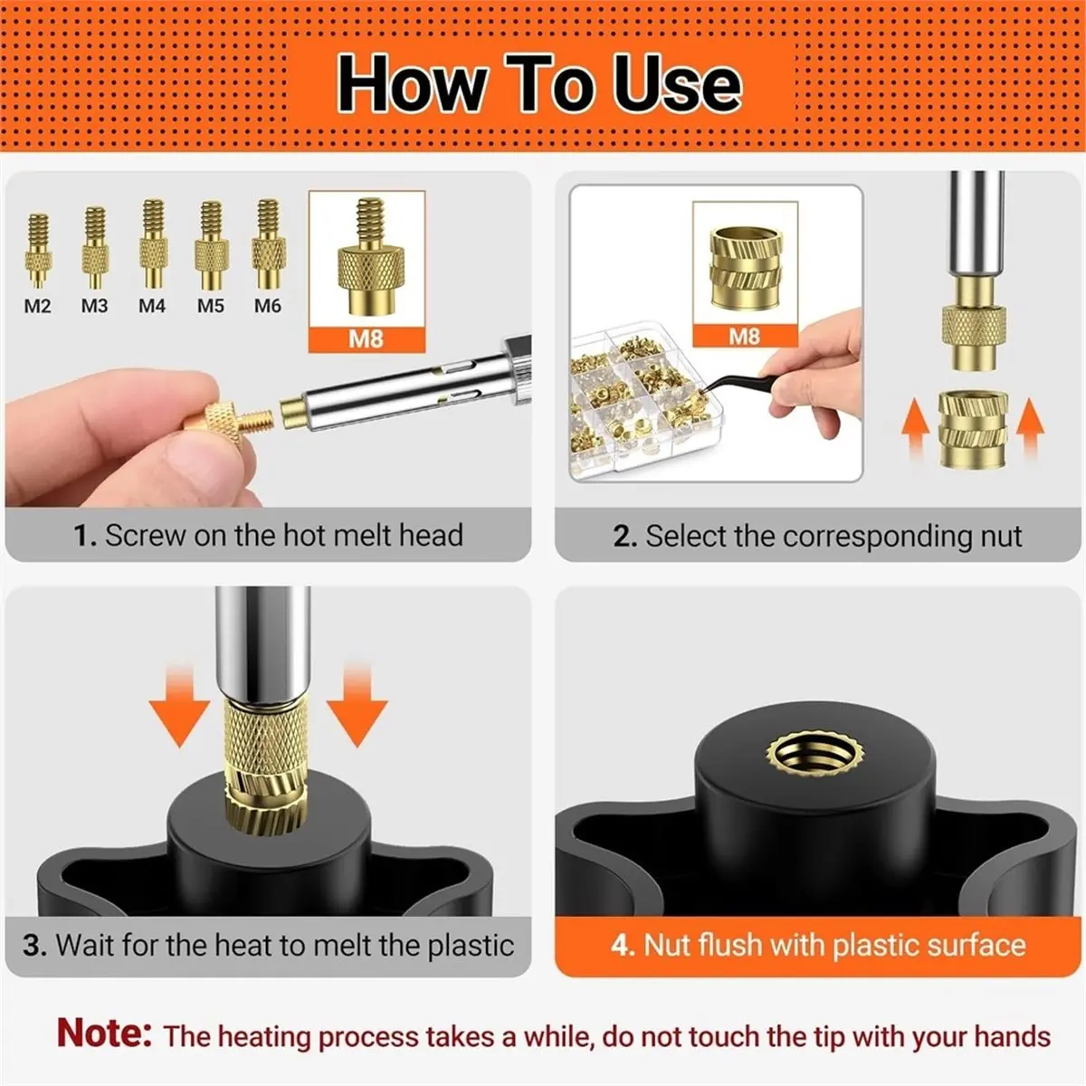 Multi-use Gear Heat-Set Insert Tip Set,Soldering Iron with 350Pcs Thread Inserts,6Pcs Heat-Set Insert Tips (M2-M8) EU Plug