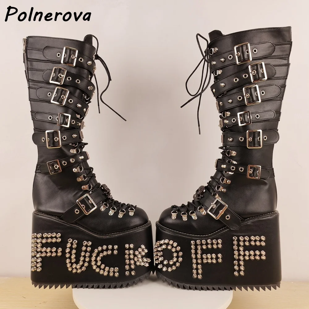 靴 Archive Heavy Platform Combat Boots +8cm Rivet Thick Soled Leather Long Boots Platform Thick Soled Cross