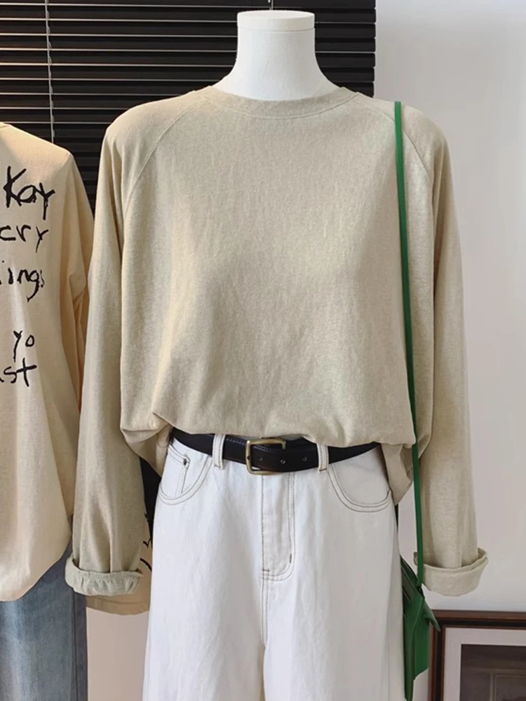 Snowflake Cotton Long Sve T-irt Women's Spring 2024 New Sle Simple Pure Color Loose Base Top Comfortable Korean Sle