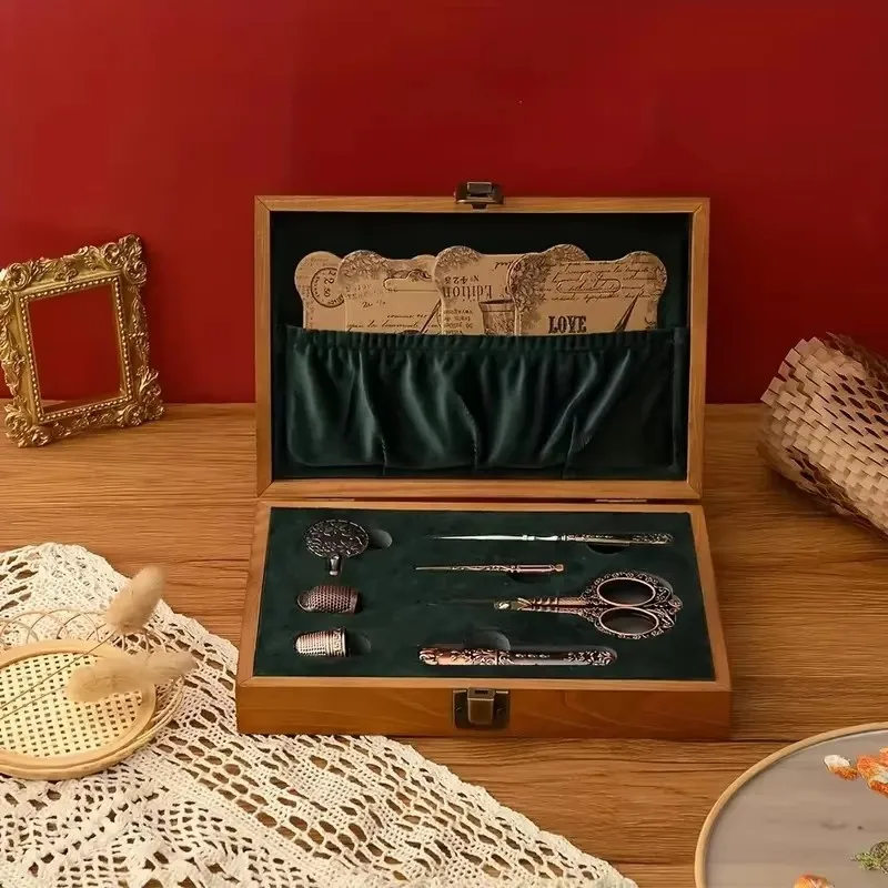 

European Antique Style Sewing Set - Wooden Embroidery Scissor Kit with Needle & Thread for Vintage DIY | Display Case Gift