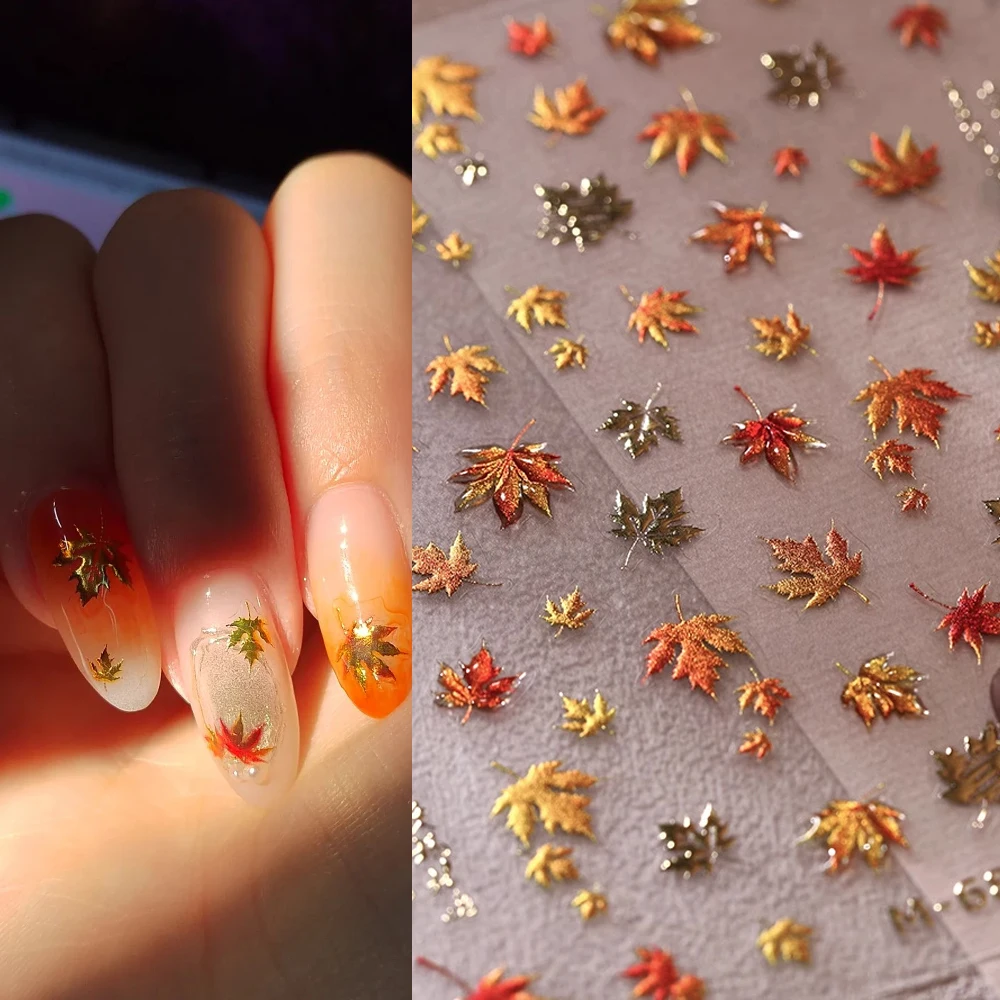 1Pcs 5D Glitter Autumn Jelly Maple Leaf Nail Art Stickers Gold-Foiled Jelly Embossed Romance Fall Leaves Nail Decal Maple Decor