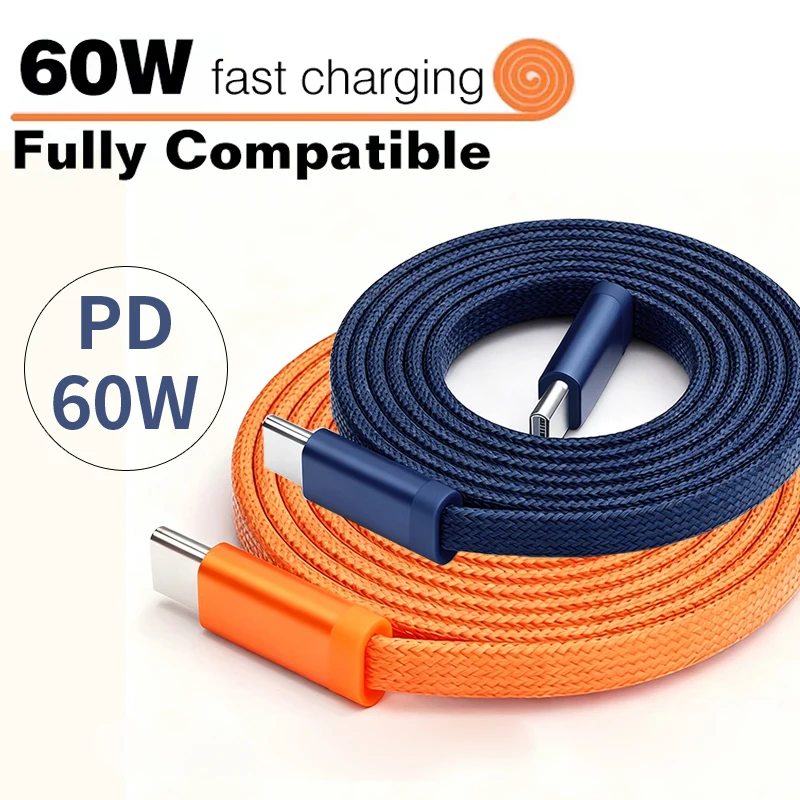 60W Charger Cable Type C to Type C Fast Charging Cable Flat Shoelace Style Orange Woven Deep Blue For iPhone 17 16 for Samsung