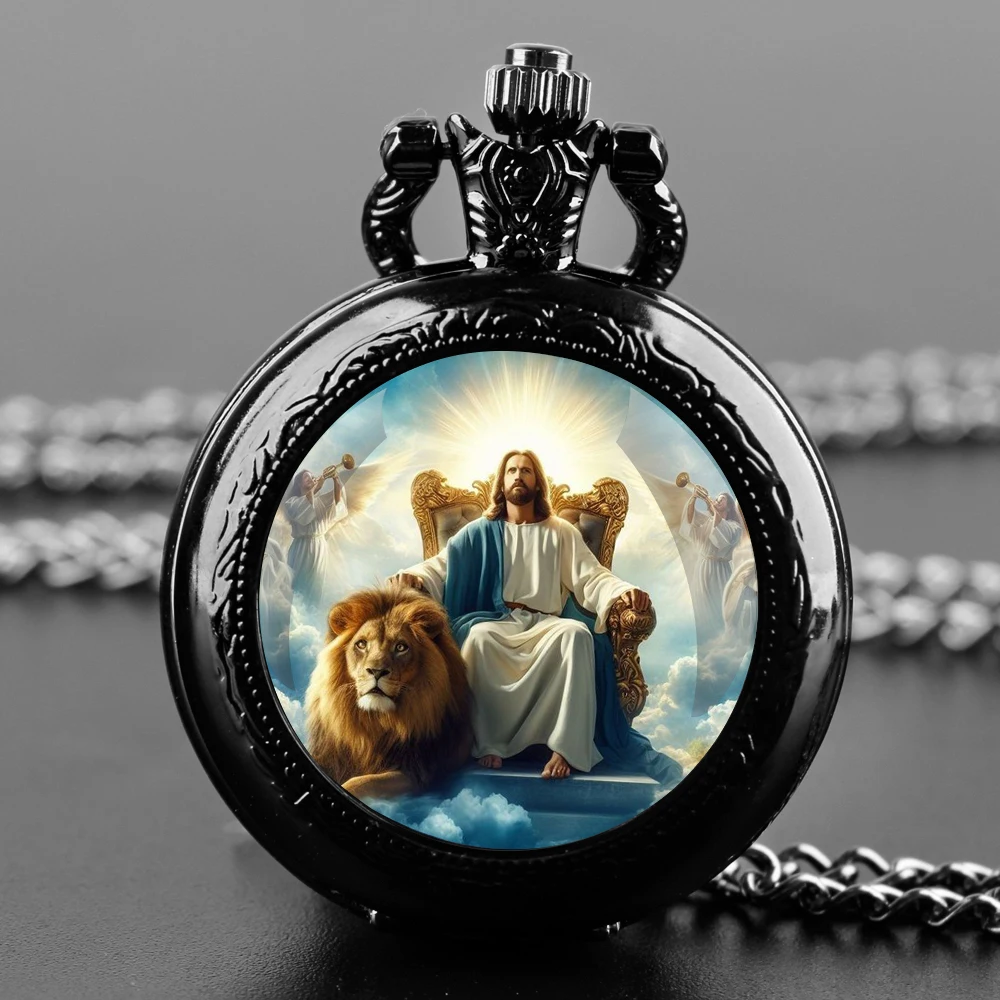 Classic Jesus Design Glass Dome Quartz Pocket Watch With Durable Chain Arabic Numeral Dial For Men And Women Creative Gifts