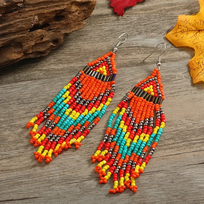 

Fringe Earrings Hand knitting Beaded multi-storey Retro Simple personality Bohemia alloy ma'am Rice Bead Earrings