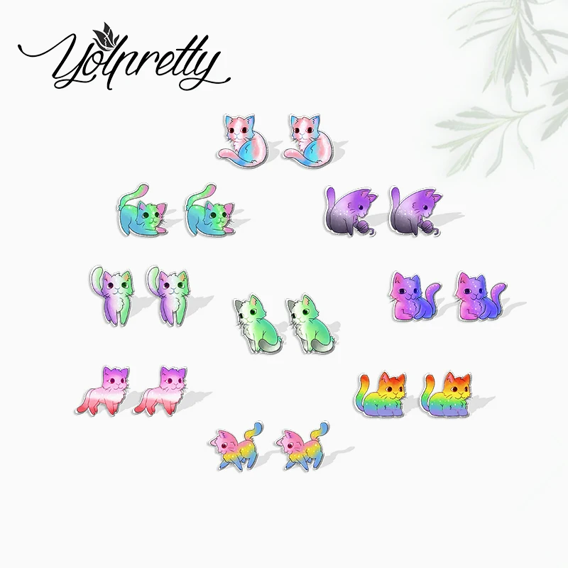 2022 New Cute Pride Cat Colorful Rainbow Stripes Graffiti Kittens Epoxy Stainless Steel Stud Earrings Handcraft Acrylic Earrings