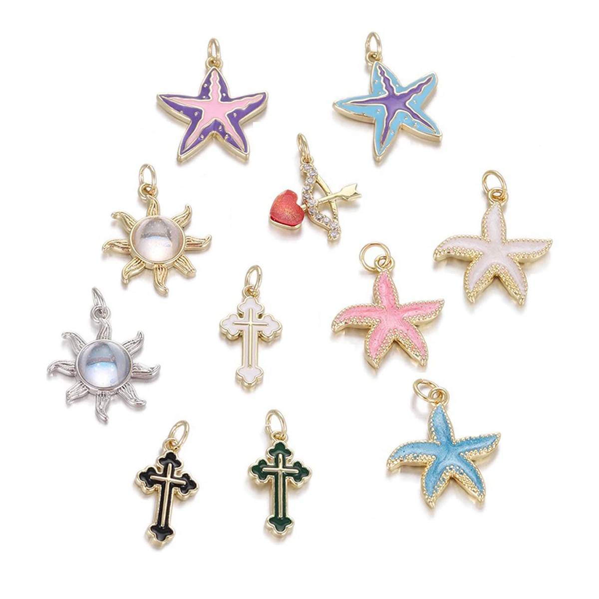 

3 шт., эмалированная подвеска в виде морской звезды и креста для DIY, ожерелье, серьги, изготовление ювелирных изделий, бант в виде сердца, медный циркон, очаровательные аксессуары