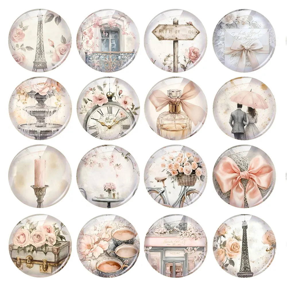 Random Mixed Round/Oval/Square French Parisian Retro Rose Flower Photo Glass Cabochon Flatback Demo Cameo For Diy Jewelry Making