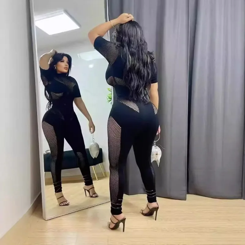

Jacquard Skinny Jumpsuit Fishnet Patchwork Women Sexy O Neck Short Sleeve Peach Hip Slim Night Clubwear Overalls Lingerie Romper